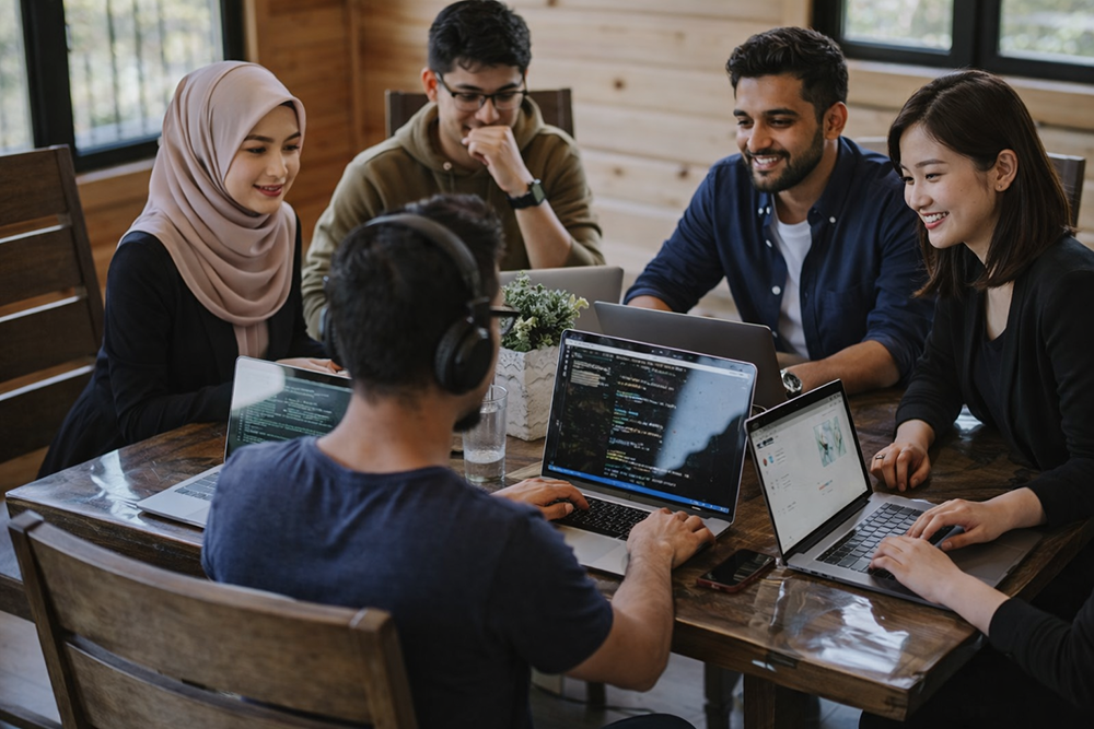 Team collaborating on AI